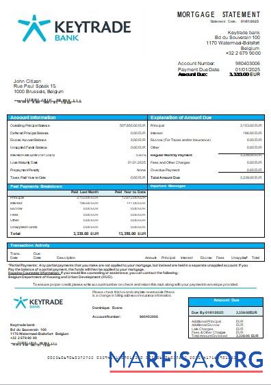 Printable Belgium Keytrade bank mortgage statement scr template